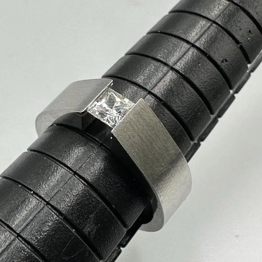 Stainless Steel Ring Size 6.5 Channel Set Clear Princess Cut Stone Modern Band - Picture 4 of 10